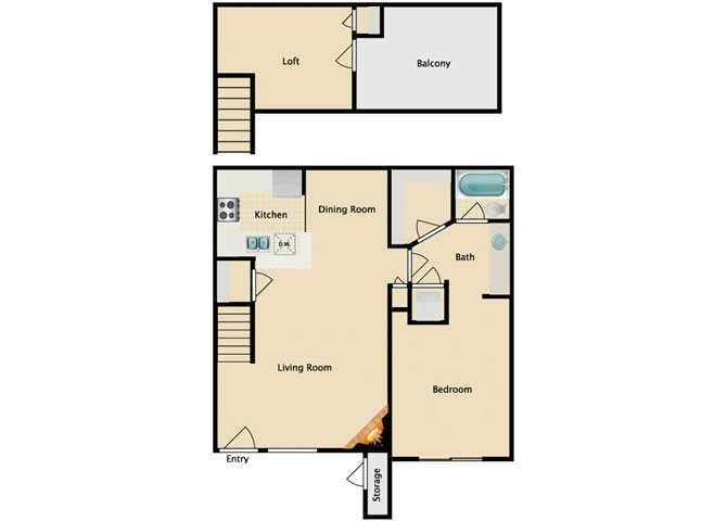 1 bedroom 1 bathroom loft floor plan at Riverview Park Apartments in Mesa, AZ